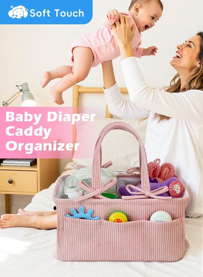 Soft Touch Baby Diaper Caddy Organizer, Corduroy Nursery Diaper Basket, Changing Table Organizer, Portable Tote Bag with Divider, Baby Shower Basket for Car, Travel and Bedroom - Image 1